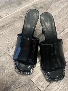 DKNY Women's Black Patent Square-Toe Slip-On Mules 7.5